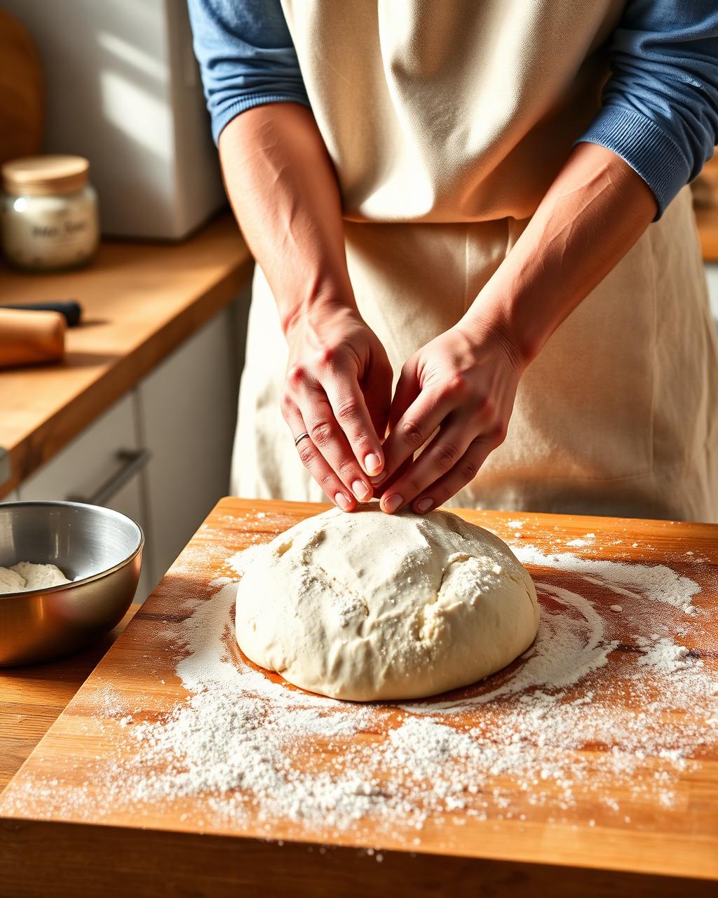 Hands kneading dough on a flour-dusted counter